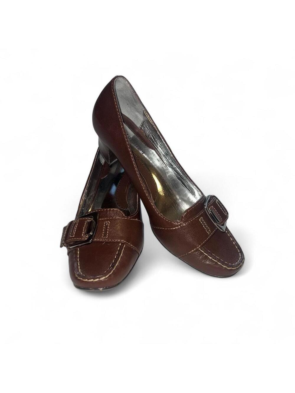 Naturalizer Brown Leather Buckle Loafers with Low Kitten Heel office siren